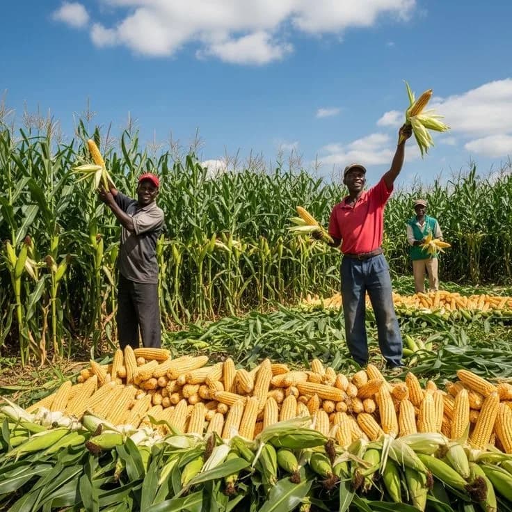 Farmers harvesting maize at Ingaju Farms
